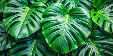 Close up view of green monstera plant leaves with visible veins, tropical, foliage, nature, close-up, texture, botany, fresh