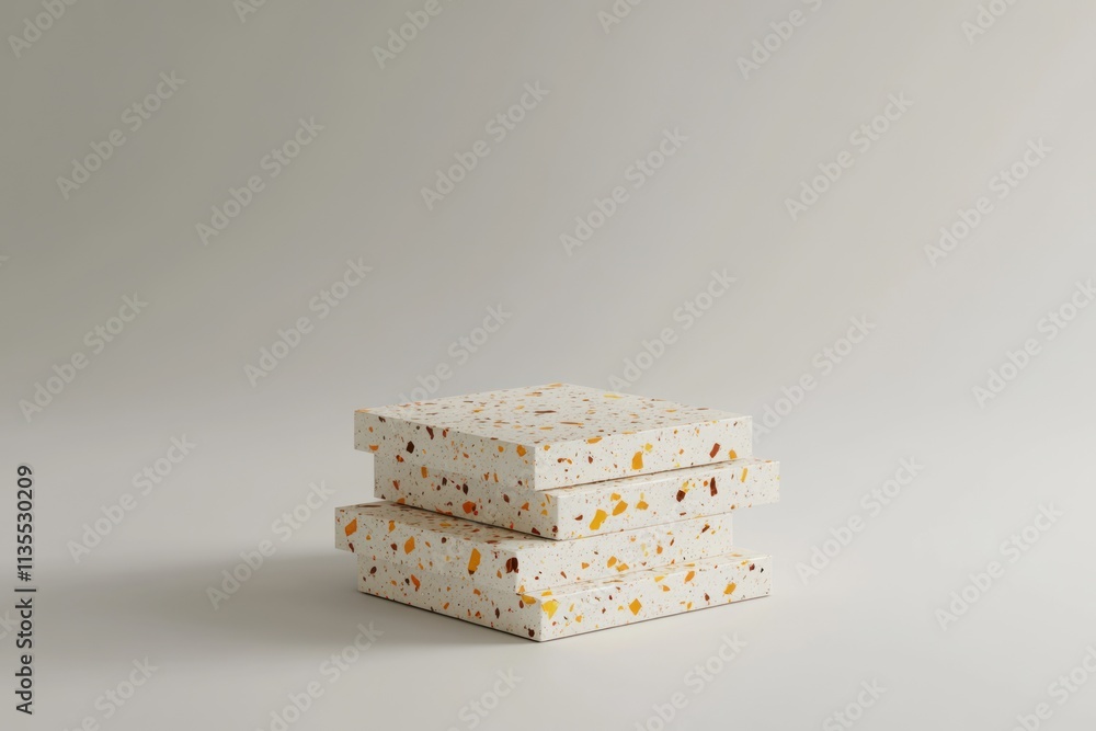 Poster Stack of speckled beige blocks with orange specks on plain background.