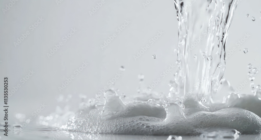 Aufkleber water pouring, creating splash and bubbles on light surface.