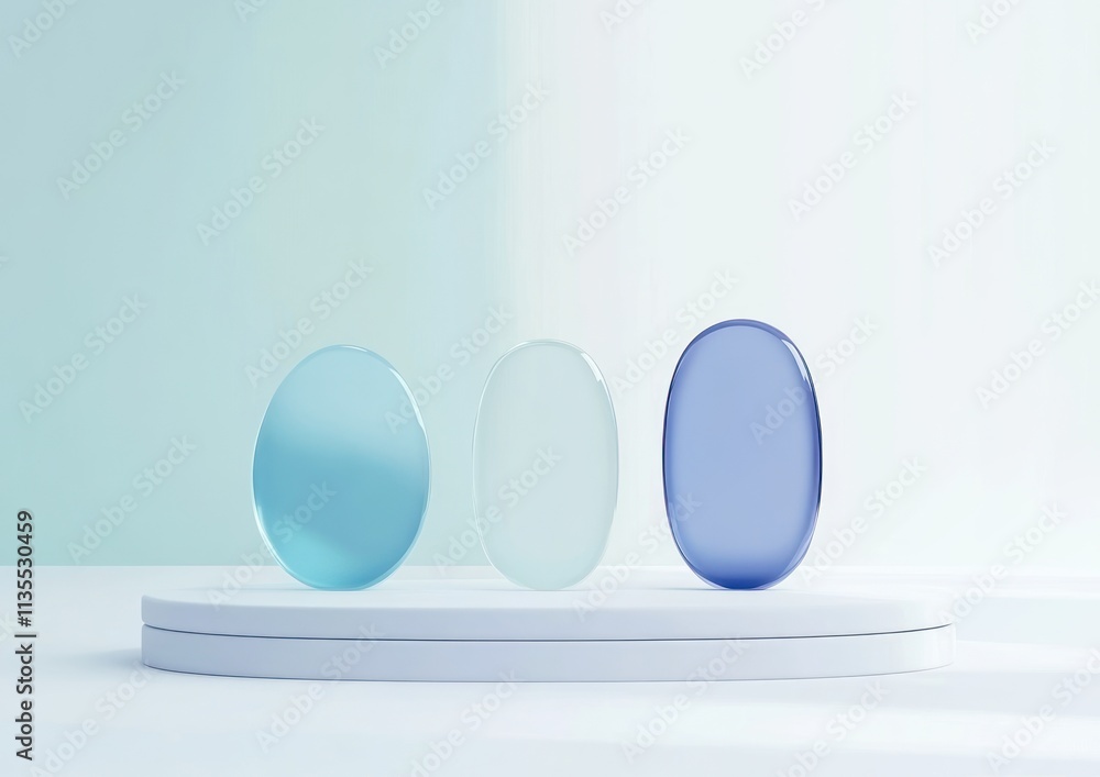 Aufkleber Three smooth translucent oval stones on a white platform with soft lighting.