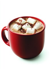A red mug filled with hot chocolate topped with marshmallows and chocolate shavings.