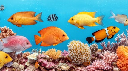 Fototapeta premium Vibrant Coral Reef with Colorful Fish Panorama