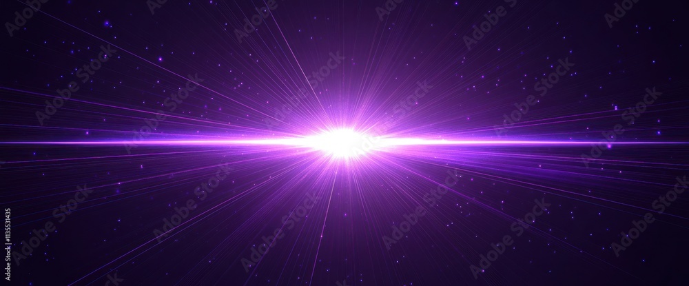 Poster Purple light burst center horizontal line with small particle flares background.