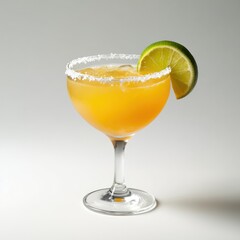 A vibrant cocktail served in a glass with a salted rim and lime garnish.