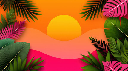 Naklejka premium Recycle sustainability conservation renewal concept. A vibrant sunset scene with a golden sun surrounded by colorful tropical leaves and smooth gradients of pink and orange.