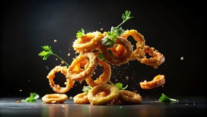 Crispy fried calamari flying against a black background, calamari, fried, crispy, appetizer, seafood, delicious