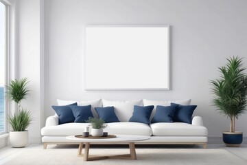Coastal style living room interior, room in White and Marine Blue colors, blank white poster frame