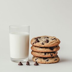 A glass of milk beside a stack of chocolate chip cookies on a light background.