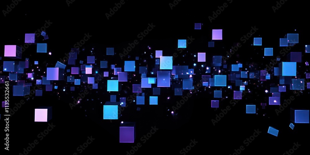 Poster abstract glowing squares floating in dark space.