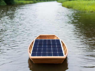 Naklejka premium Recycle sustainability conservation renewal concept. A wooden solar-powered boat floats on a tranquil waterway, surrounded by lush greenery, showcasing sustainable technology in nature.
