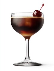 A cocktail served in a coupe glass, garnished with a cherry.