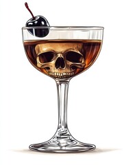 A cocktail in a glass shaped like a skull, garnished with a cherry.