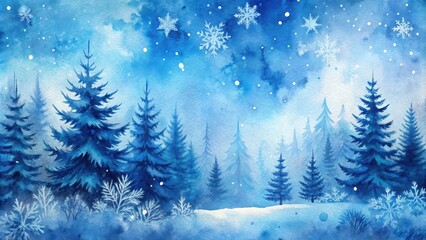 Obraz premium Beautiful watercolour painting of a blue winter scene with crisp snowflakes, trees, and a forest , winter, blue, snowflakes