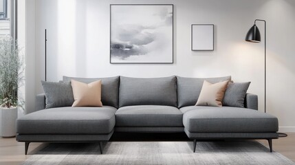 Modern Gray Sectional Sofa in Minimalist Living Room Interior Design