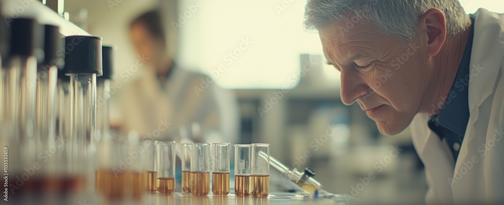 Aufkleber scientist adding fluid to test tube in lab.