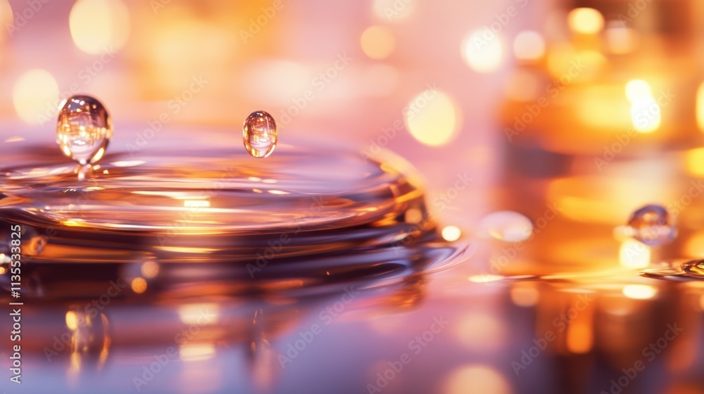 Poster water drops levitating above surface with warm bokeh background.