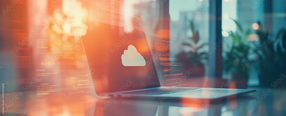 Poster open laptop with cloud icon reflects code in double exposure.