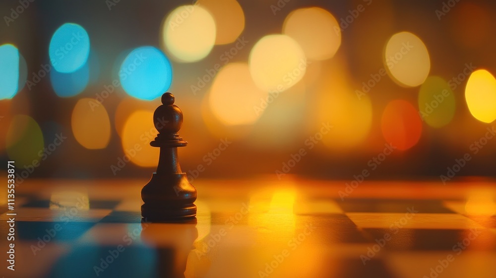 Poster chess piece on board with bokeh lights.