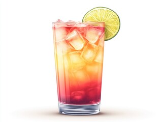 A vibrant layered drink with ice and a lime slice, perfect for refreshment.