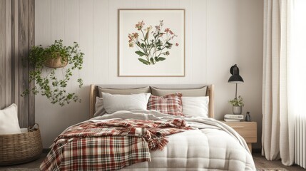 Cozy Bedroom Interior Design with Botanical Art and Plaid Accents