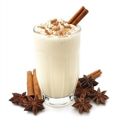 A creamy drink topped with whipped cream, cinnamon, and star anise, served in a tall glass.