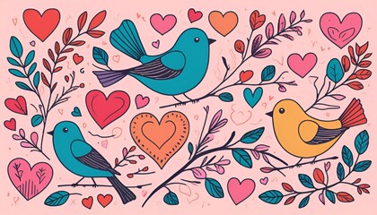 Obraz premium a pink background. It features a variety of colorful birds and hearts in different sizes and colors
