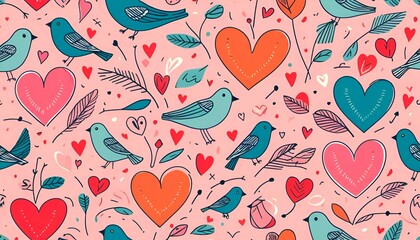 a pink background. It features a variety of colorful birds and hearts in different sizes and colors