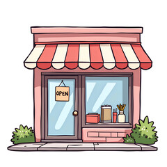 Colorful corner shopfront with open sign surrounded by lush greenery and pleasant vibes, digital illustration of shopfront concept.
