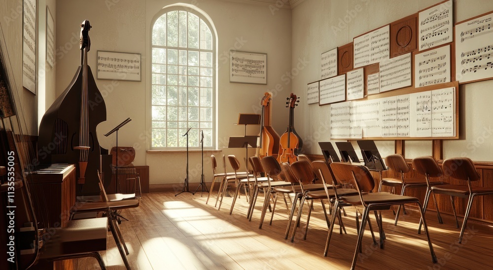 Poster empty music practice room with instruments.