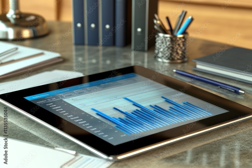 Poster tablet displaying data charts on office desk with pens and files.