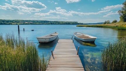 Obraz premium Peaceful Lakeside Pier with Boats. Tranquil Summer Scenery.