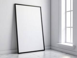blank poster frame close up standing on floor near wall in a room
