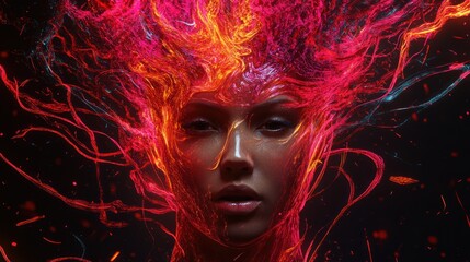 Fototapeta premium Woman portrait with fiery, flowing, vibrant energy around face.