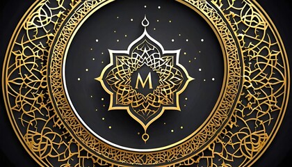 The background is black with gold accents, and the mosque is in the center of the image.
