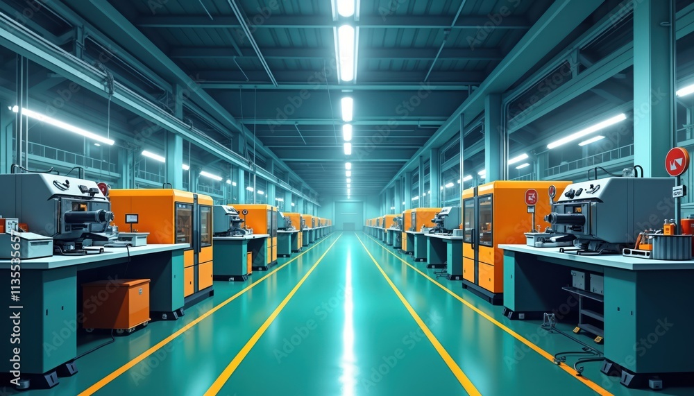 Poster empty factory floor shows rows of modern machinery. orange, teal colored machines line both sides of