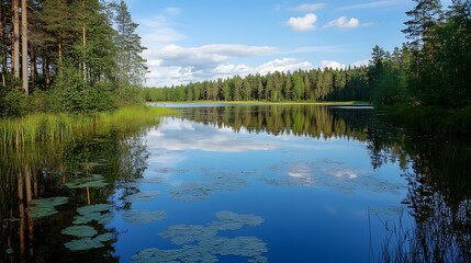 Fototapeta premium Serene Finnish lake landscape. Tranquil nature scene with reflections.