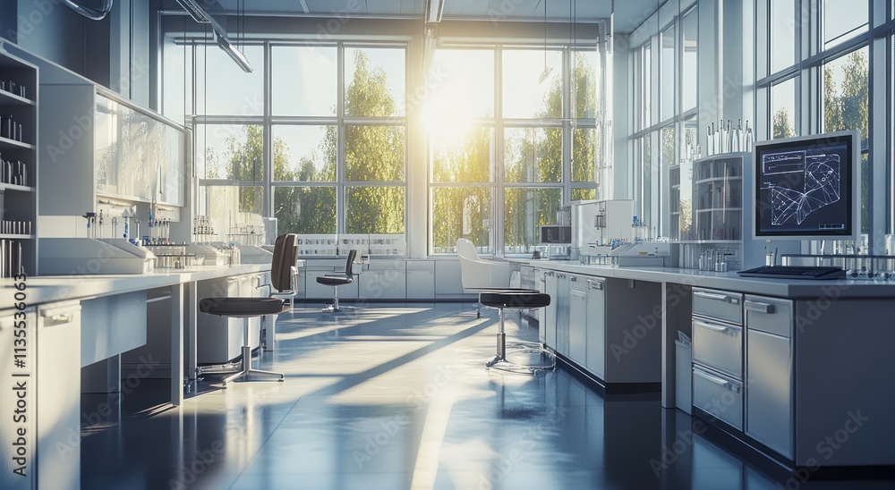 Poster bright, empty lab with large windows, sunlight, workstations and monitors.