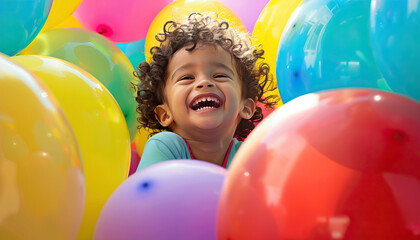 Toddler Surrounded by Colorful Balloons
