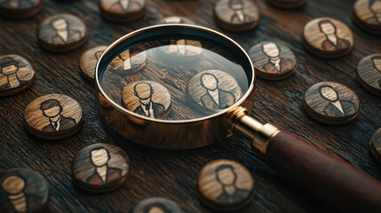 Selective new career recruitment magnifying glass highlights wooden token with person illustration, surrounded by similar tokens. find your career