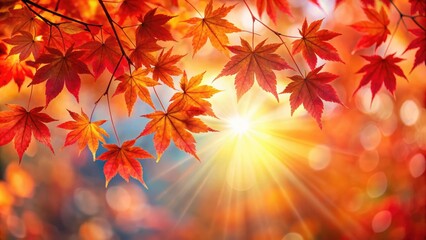Obraz premium Autumn red maple leaves with lens flare , autumn, red, maple, leaves, fall, foliage, seasonal, colorful, bright, sunlight