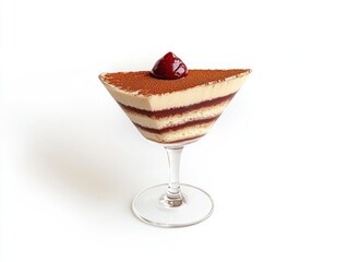 A layered dessert served in a glass, topped with a cherry and cocoa powder.