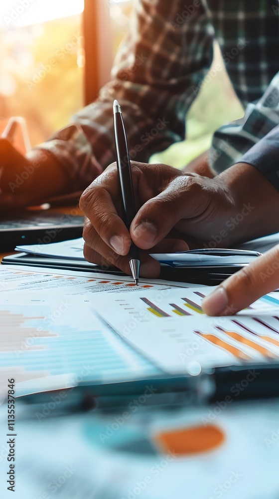 Poster two business executives analyzing financial charts and graphs in office setting