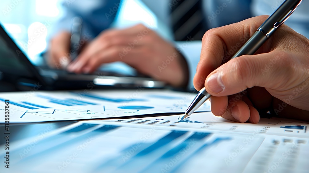 Poster close up of two professionals discussing financial data and charts in office setting