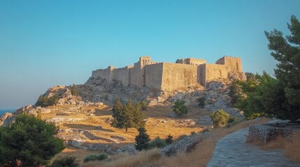 Obraz premium Acropolis of Lindos, Rhodes, Greece: A Majestic Hilltop Fortress