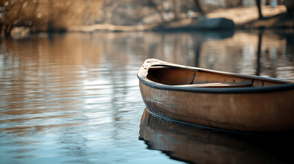 Obraz premium A calm wooden boat floats peacefully on a serene lake surrounded by autumn trees