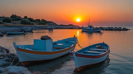 Fototapeta premium Golden Sunrise over the Aegean Sea, Greece: Fishing Boats at Rest