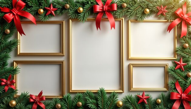 Christmas photo frames arranged in collage style. Gold frames. Festive green plants of pine branches, red ribbons, bows, gold baubles, red stars. Empty frames for photos. Suitable for variety of