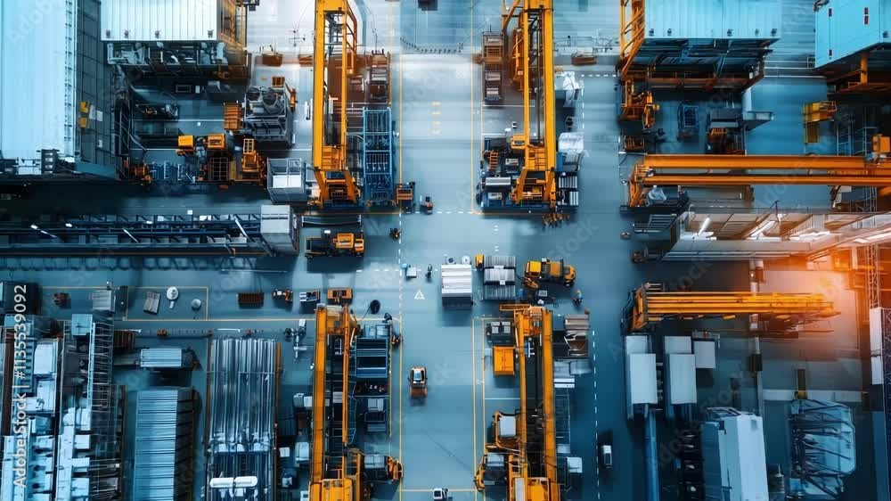 Poster forklifts and factory workers navigate a high tech factory environment. cranes lift and transport he