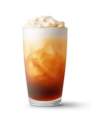 A glass of iced coffee topped with whipped cream, showcasing a refreshing beverage.
