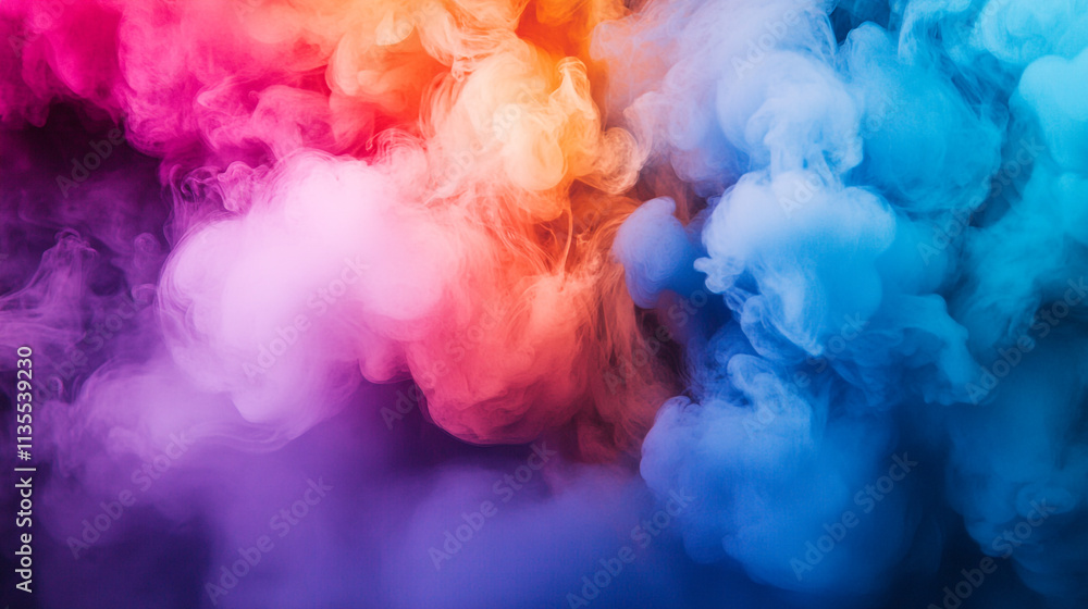 Poster vibrant clouds of colored smoke swirl in captivating patterns in a dark background